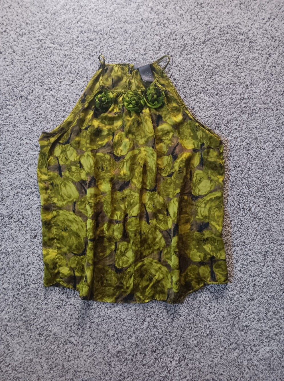 Kenar 100% Silk Green Floral Haltar Top Tank Medium